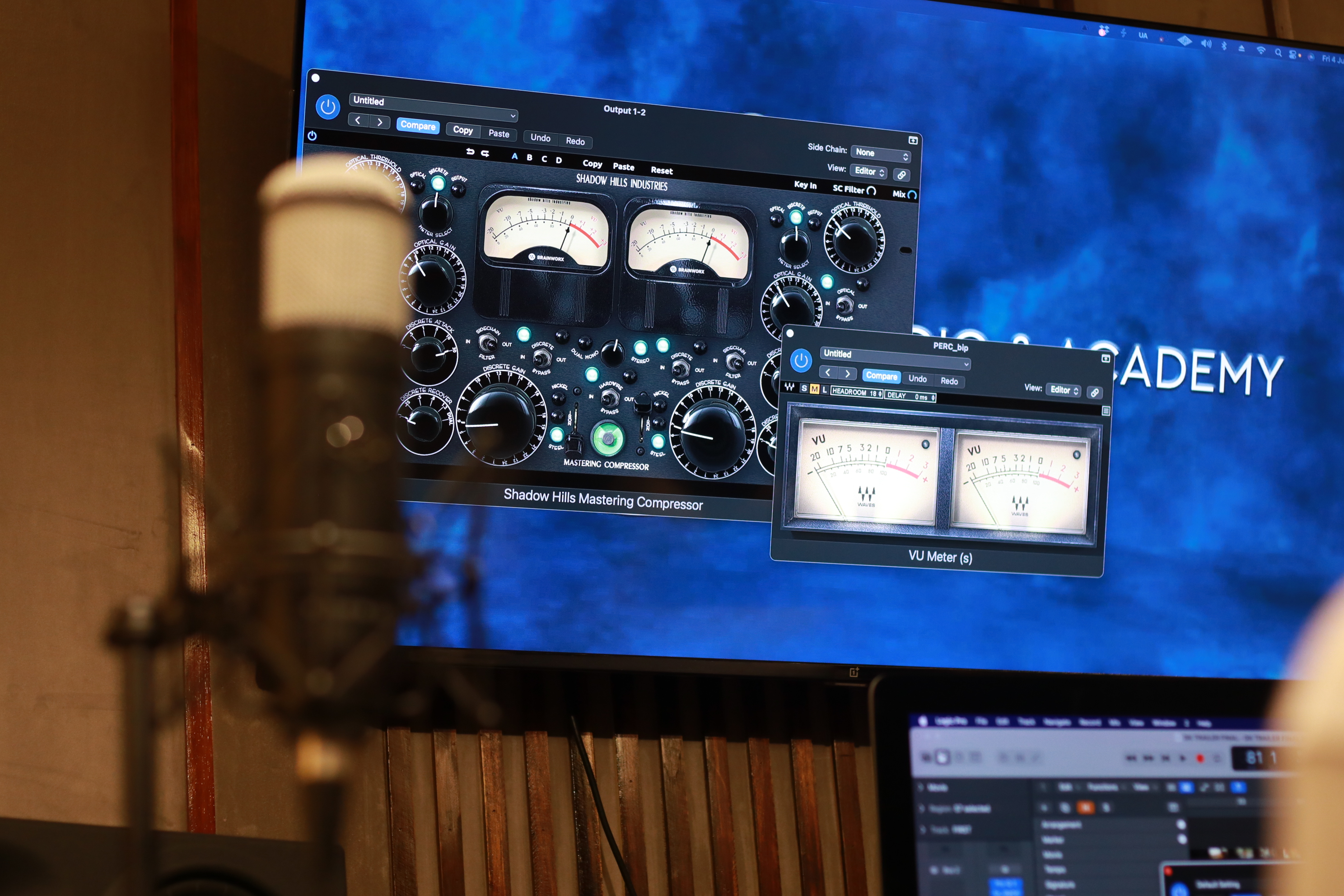 Professional mixing console in a recording studio